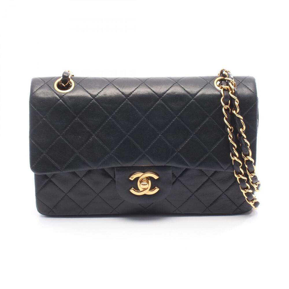Chanel Matelasse Double Flap Shoulder Bag Lambskin Sheepskin Black - Picture 1 of 8